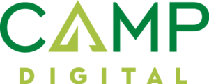 Logo Showing The Word &Quot;Camp&Quot; In Large Green Letters With An &Quot;A&Quot; Shaped Like A Triangle. Below It, The Word &Quot;Digital&Quot; Appears In Smaller, Uppercase Green Letters.
