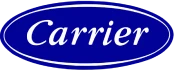 Blue Oval Logo With The Word &Quot;Carrier&Quot; In White Cursive Text.