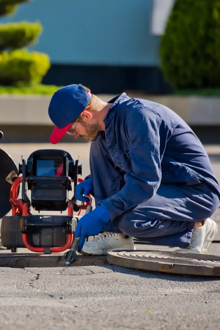 A worker in blue overalls and a cap kneels on the ground beside an open manhole, using camera inspection services equipment to inspect or clean it.