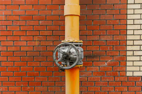 An orange vertical pipe, likely part of a gas line repair, stands with a large valve against a red and beige brick wall.