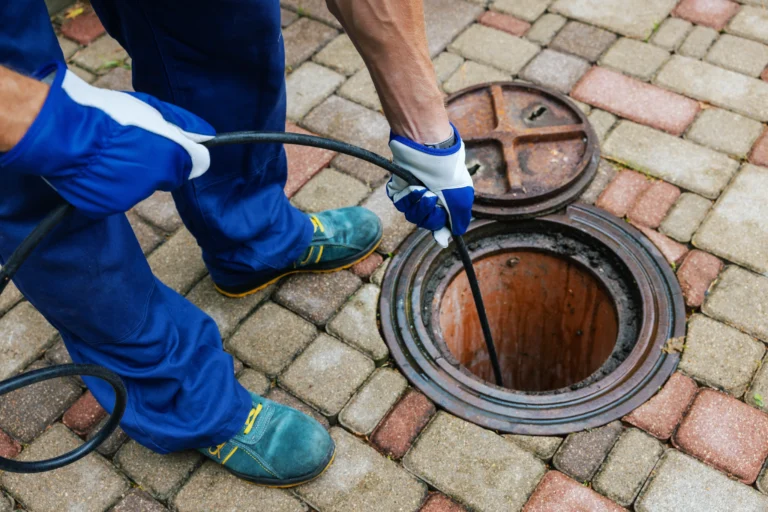 A person in blue overalls uses a hose to perform hydro jetting service, meticulously cleaning a round outdoor drainage system on a brick pathway.