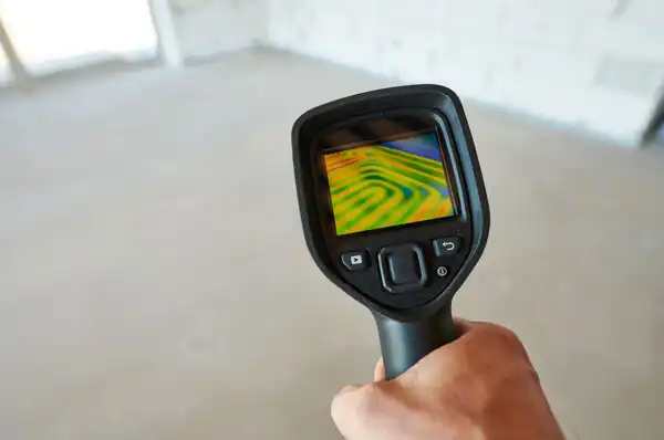 A person holds a thermal imaging camera showing a heat map on the screen inside a building, pinpointing a potential slab leak hidden beneath the surface.