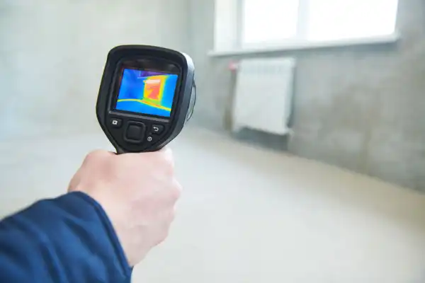 A person uses a thermal imaging camera for leak detection, checking temperature variations in a room with a window and radiator.