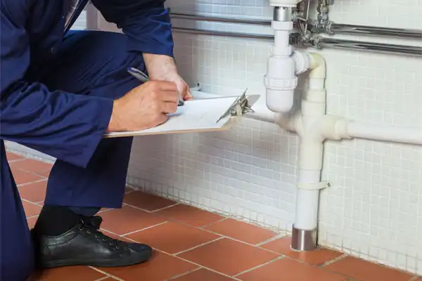 Person in a blue uniform holding a clipboard, conducting a thorough plumbing inspection and taking notes on pipes and connections in a tiled room.