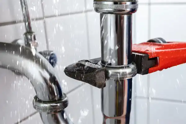 Water sprays from a leaking pipe onto a metal wrench as it tightens a connection during repiping.
