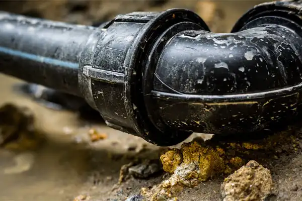 Close-up of a black plastic pipe with an elbow joint, partially buried in damp, muddy ground—a typical scene in sewer line repair projects.