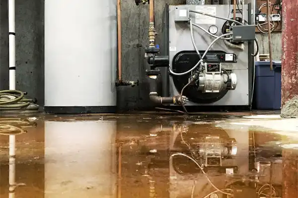 A flooded basement shows a water heater and furnace surrounded by standing water, with reflections of the equipment on the wet floor. It's clear that immediate sump pump repair is needed to prevent further damage and restore order.