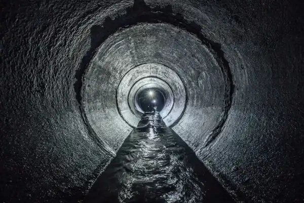 A dark, cylindrical sewer tunnel with textured walls looms ahead, its distant end illuminated. Water streams toward the viewer, reflecting light from the tunnel's end, hinting at a trenchless sewer line install for efficient maintenance.