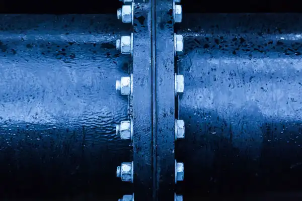 Close-up of a large blue industrial pipe joint with multiple bolts aligned vertically, showcasing the innovative engineering often utilized in trenchless sewer line repair.