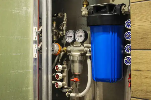 A plumbing system with gauges, pipes, valves, and a large blue water filtration filter, all neatly installed inside a cabinet.