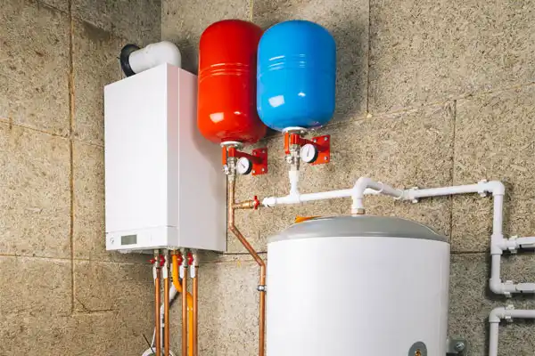 Heating system featuring a white boiler, red and blue expansion tanks, and expertly installed pipes on a textured wall—an efficient water heater install that promises reliability and performance.