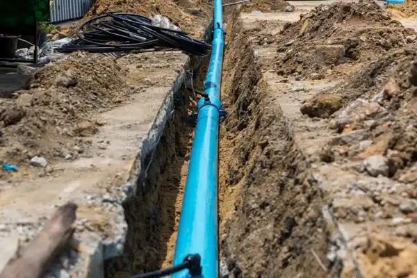 A blue water line install is evident in the narrow trench, surrounded by dirt and scattered construction materials.