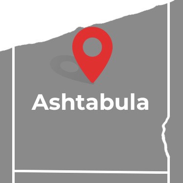 The Map Pinpoint Graphic Highlights Ashtabula, Ohio, With A Red Location Marker, Indicating It As A Key Service Area.