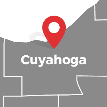 Map Illustration Highlighting The Service Area Of Cuyahoga County With A Red Location Pin.